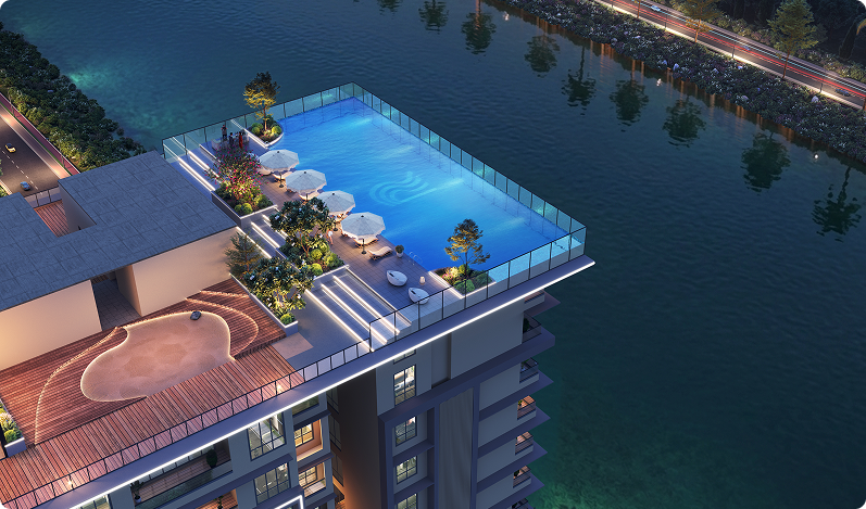 Riverfront infinity pool at dusk